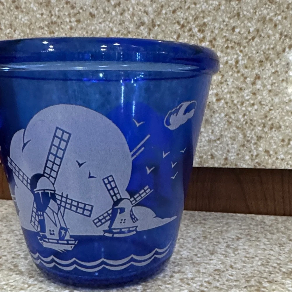Vintage Covalt Blue Ice Bucket Hazel Atlas with Windmill Design